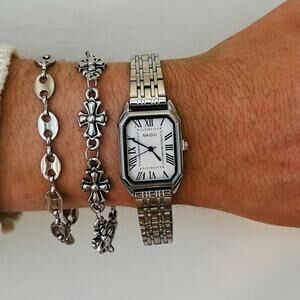 2000s Vintage Rectangle Quartz Watch Unisex Stainless Steel 8.5" New